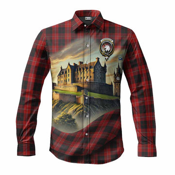 Cunningham Tartan Family Crest Long Sleeve Button Shirt with Scottish Ancient Castle Style