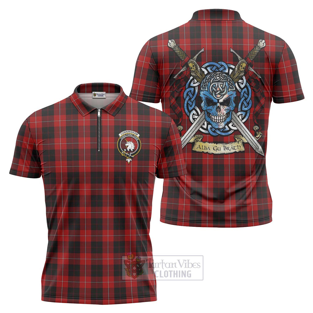 Cunningham Tartan Zipper Polo Shirt with Family Crest Celtic Skull Style Unisex - Tartan Vibes Clothing
