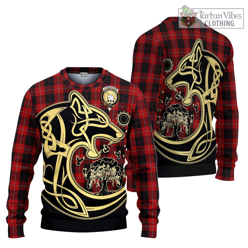 Cunningham Tartan Knitted Sweater with Family Crest Celtic Wolf Style Unisex - Tartan Vibes Clothing