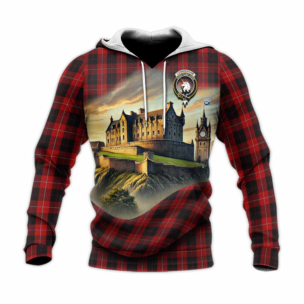 Tartan Vibes Clothing Cunningham Tartan Family Crest Knitted Hoodie with Scottish Ancient Castle Style