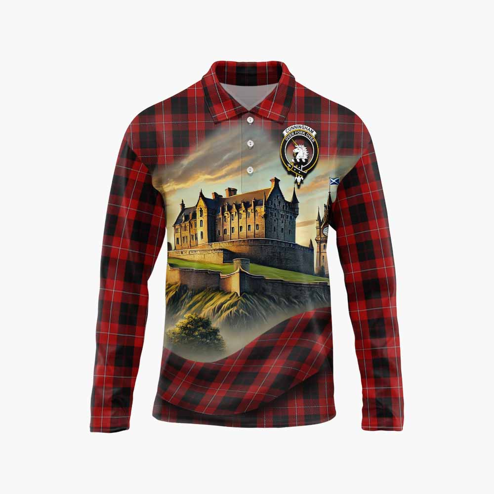 Tartan Vibes Clothing Cunningham Tartan Family Crest Long Sleeve Polo Shirt with Scottish Ancient Castle Style