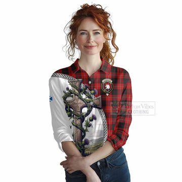 Cunningham Tartan Women's Casual Shirt with Family Crest and St. Andrew's Cross Accented by Thistle Vines