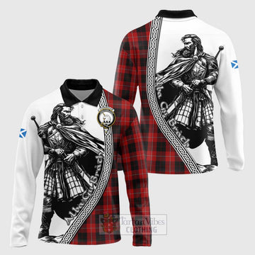 Tartan Vibes Clothing Cunningham Tartan Clan Crest Long Sleeve Polo Shirt with Highlander Warrior Celtic Style