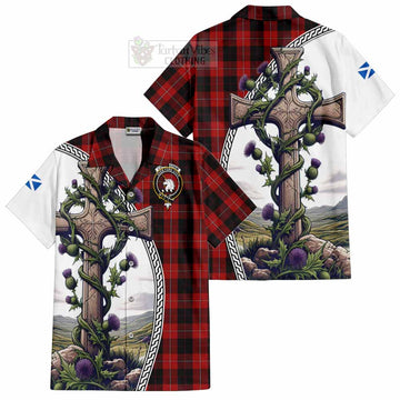 Tartan Vibes Clothing Cunningham Tartan Short Sleeve Button Shirt with Family Crest and St. Andrew's Cross Accented by Thistle Vines