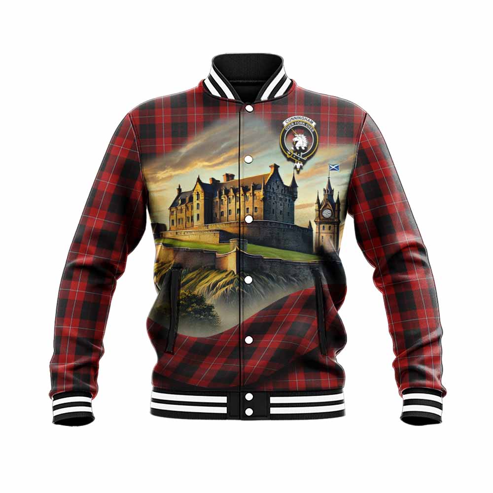 Tartan Vibes Clothing Cunningham Tartan Family Crest Baseball Jacket with Scottish Ancient Castle Style