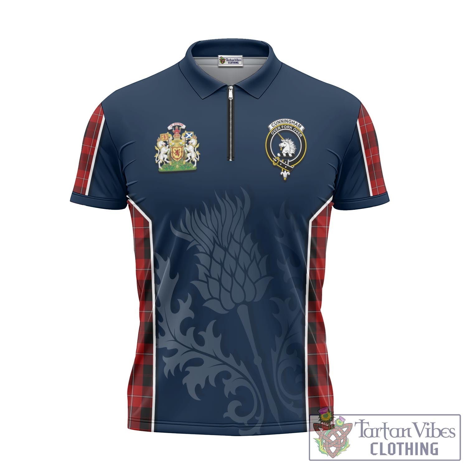 Tartan Vibes Clothing Cunningham Tartan Zipper Polo Shirt with Family Crest and Scottish Thistle Vibes Sport Style