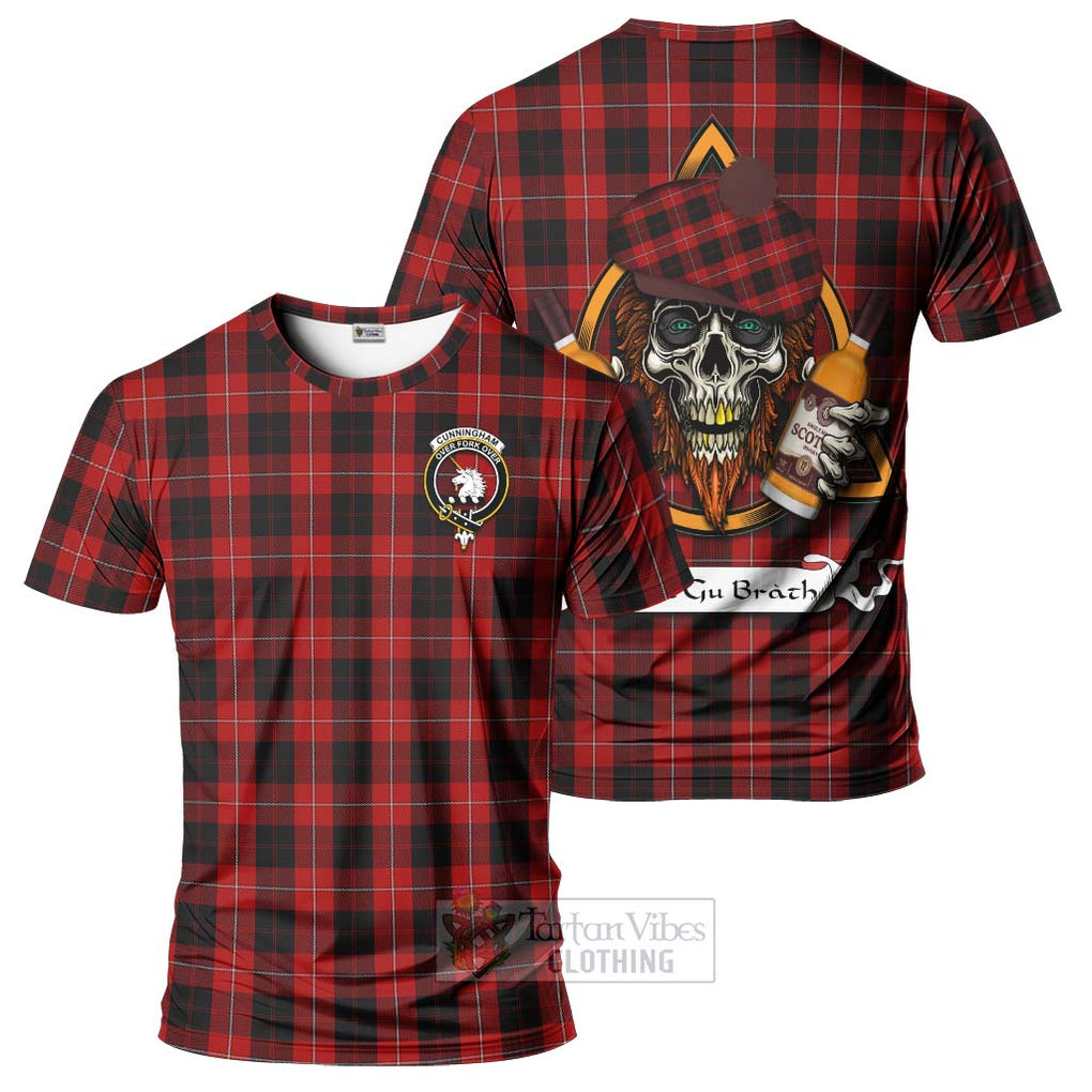 Tartan Vibes Clothing Cunningham Tartan T-Shirt with Family Crest and Bearded Skull Holding Bottles of Whiskey