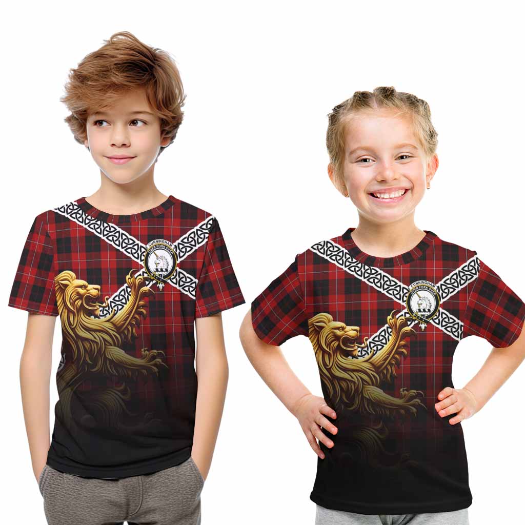 Tartan Vibes Clothing Cunningham Crest Tartan Kid T-Shirt with Golden Lion Emblem Celtic Style