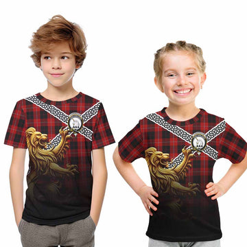 Cunningham Crest Tartan Kid T-Shirt with Golden Lion Emblem Celtic Style