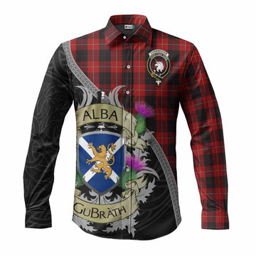 Cunningham Tartan Family Crest Long Sleeve Button Shirt Lion Rampant Royal Thistle Shield Celtic Inspired