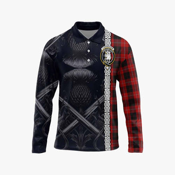 Tartan Vibes Clothing Cunningham Tartan Long Sleeve Polo Shirt with Family Crest Cross Sword Thistle Celtic Vibes