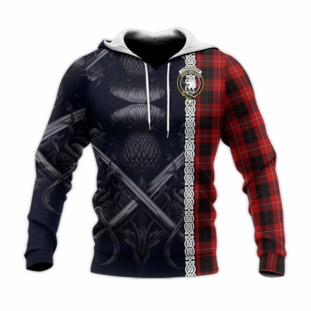 Tartan Vibes Clothing Cunningham Tartan Knitted Hoodie with Family Crest Cross Sword Thistle Celtic Vibes
