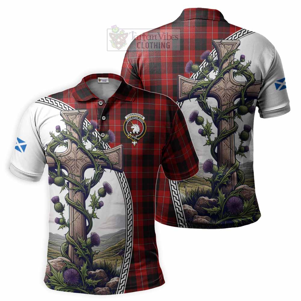 Tartan Vibes Clothing Cunningham Tartan Polo Shirt with Family Crest and St. Andrew's Cross Accented by Thistle Vines