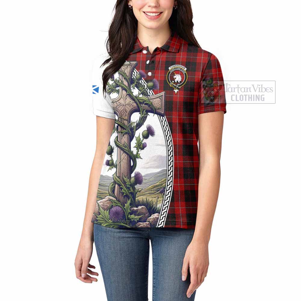 Tartan Vibes Clothing Cunningham Tartan Women's Polo Shirt with Family Crest and St. Andrew's Cross Accented by Thistle Vines