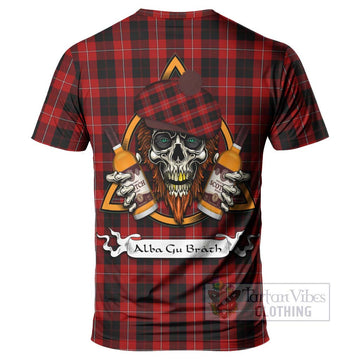 Tartan Vibes Clothing Cunningham Tartan T-Shirt with Family Crest and Bearded Skull Holding Bottles of Whiskey