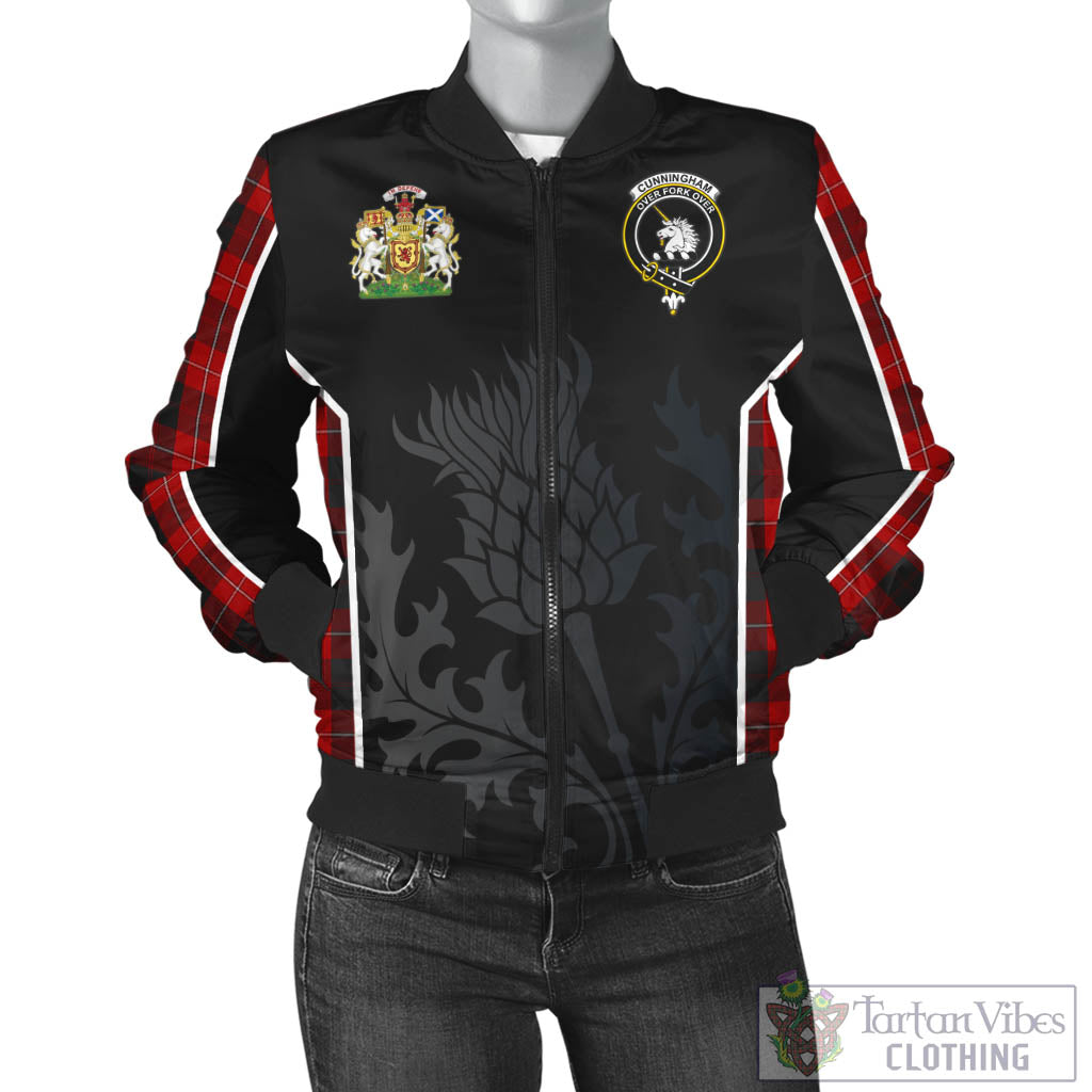 Tartan Vibes Clothing Cunningham Tartan Bomber Jacket with Family Crest and Scottish Thistle Vibes Sport Style