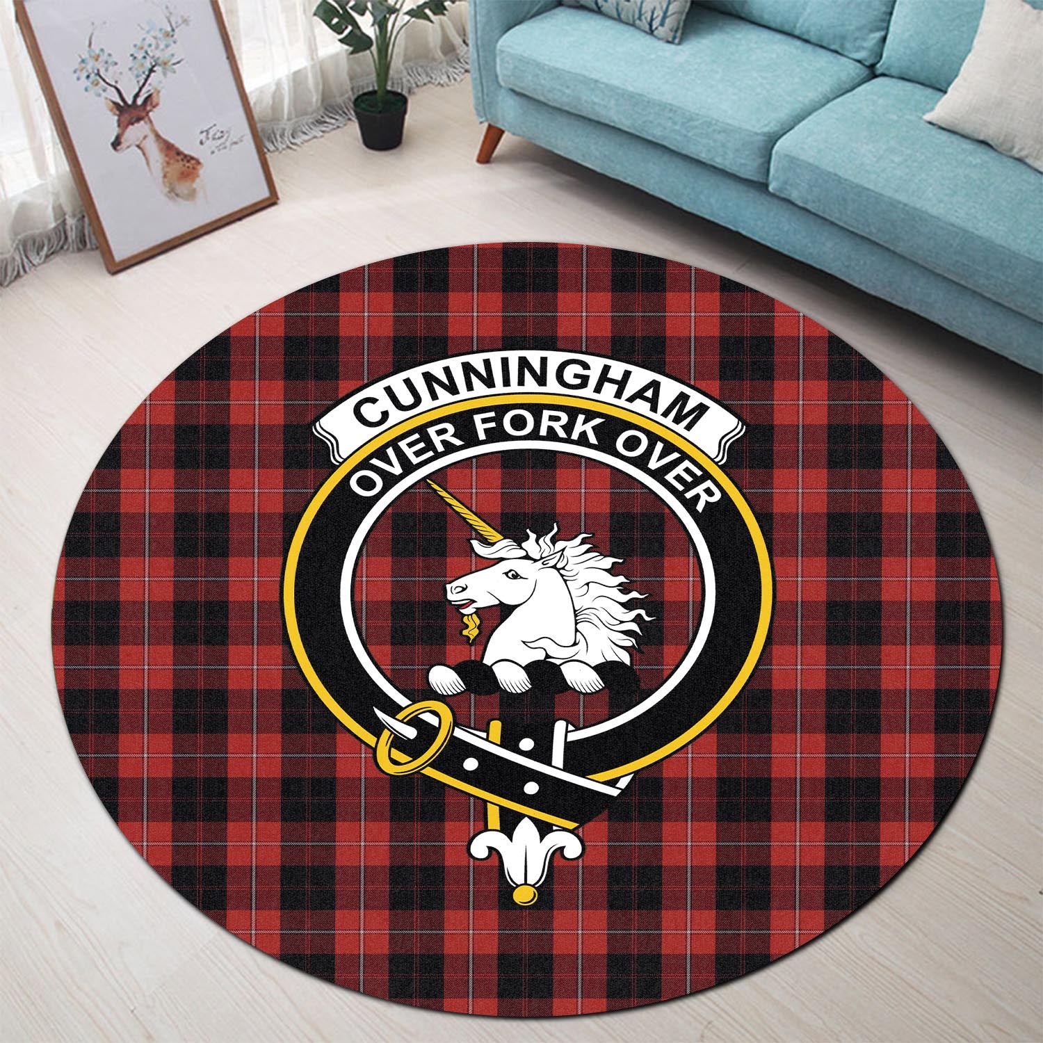 Cunningham Tartan Round Rug with Family Crest - Tartanvibesclothing
