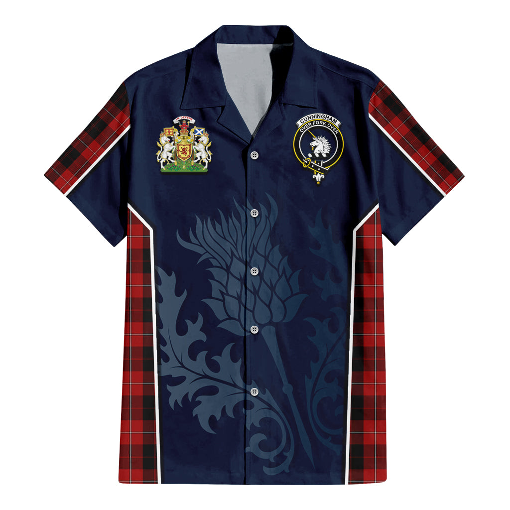 Tartan Vibes Clothing Cunningham Tartan Short Sleeve Button Up Shirt with Family Crest and Scottish Thistle Vibes Sport Style