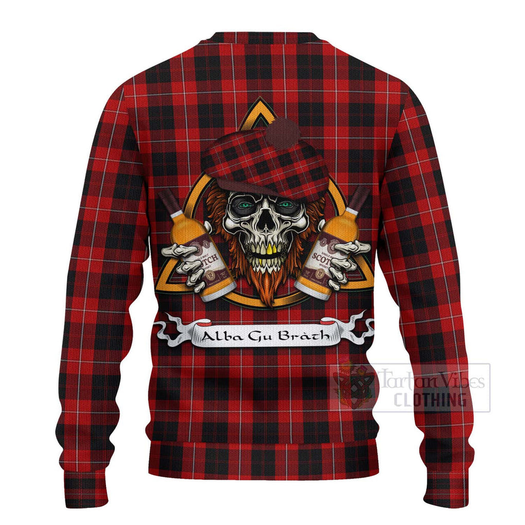 Tartan Vibes Clothing Cunningham Tartan Knitted Sweater with Family Crest and Bearded Skull Holding Bottles of Whiskey
