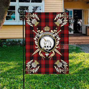 Cunningham Tartan Garden Flag with Family Crest and Golden Thistle Crossed Sword Design