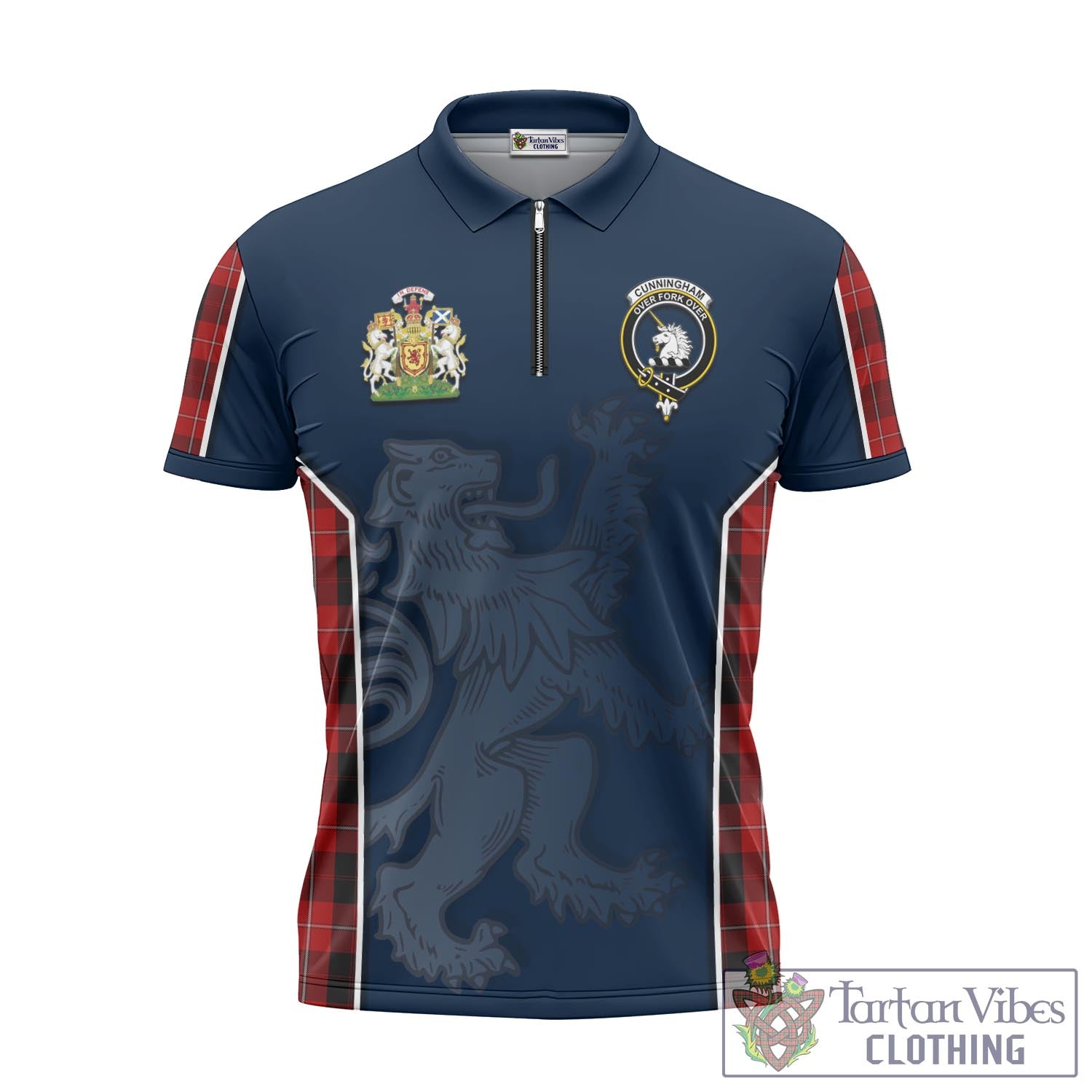Tartan Vibes Clothing Cunningham Tartan Zipper Polo Shirt with Family Crest and Lion Rampant Vibes Sport Style