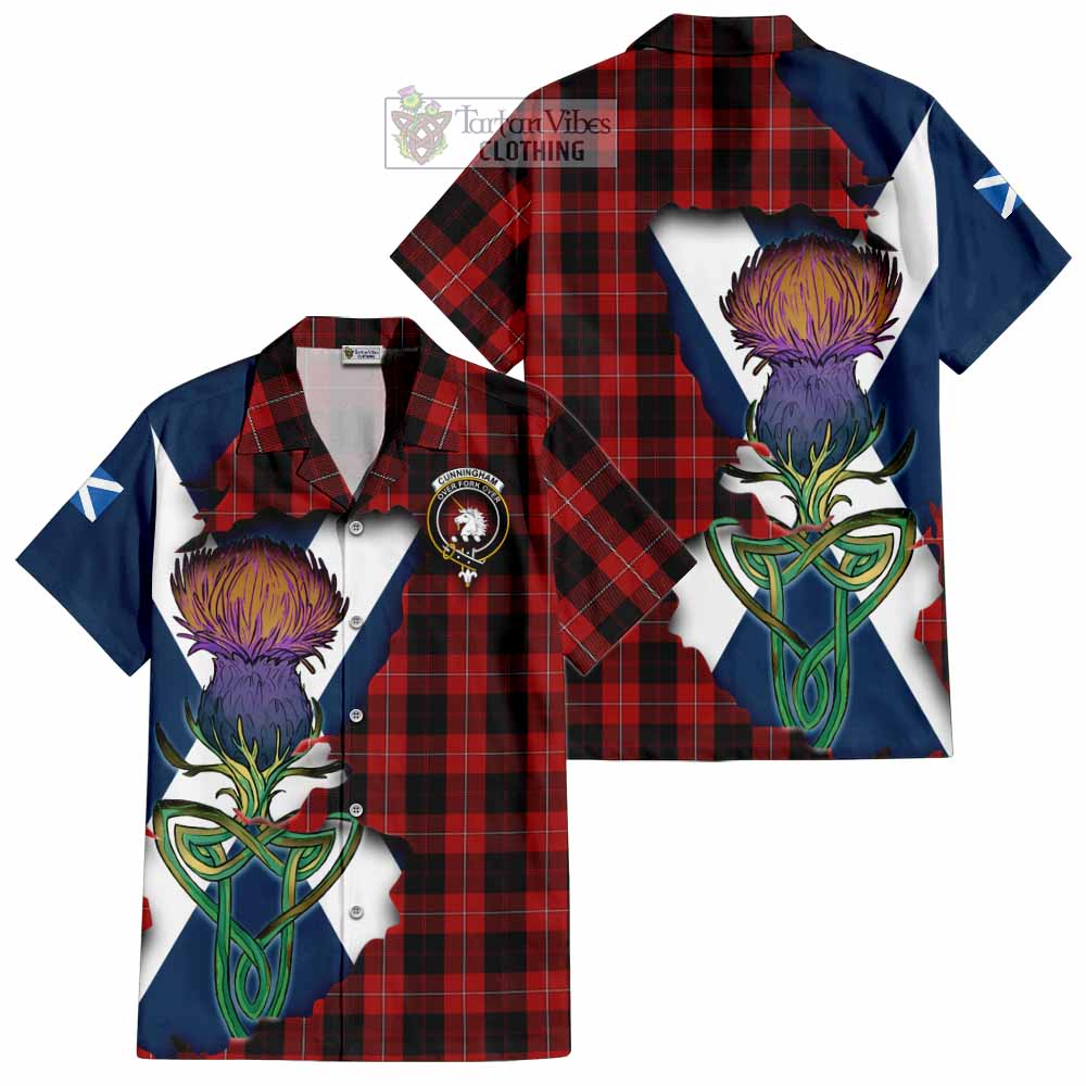 Tartan Vibes Clothing Cunningham Tartan Family Crest Short Sleeve Button Shirt Scottish Thistle Celtic Inspired