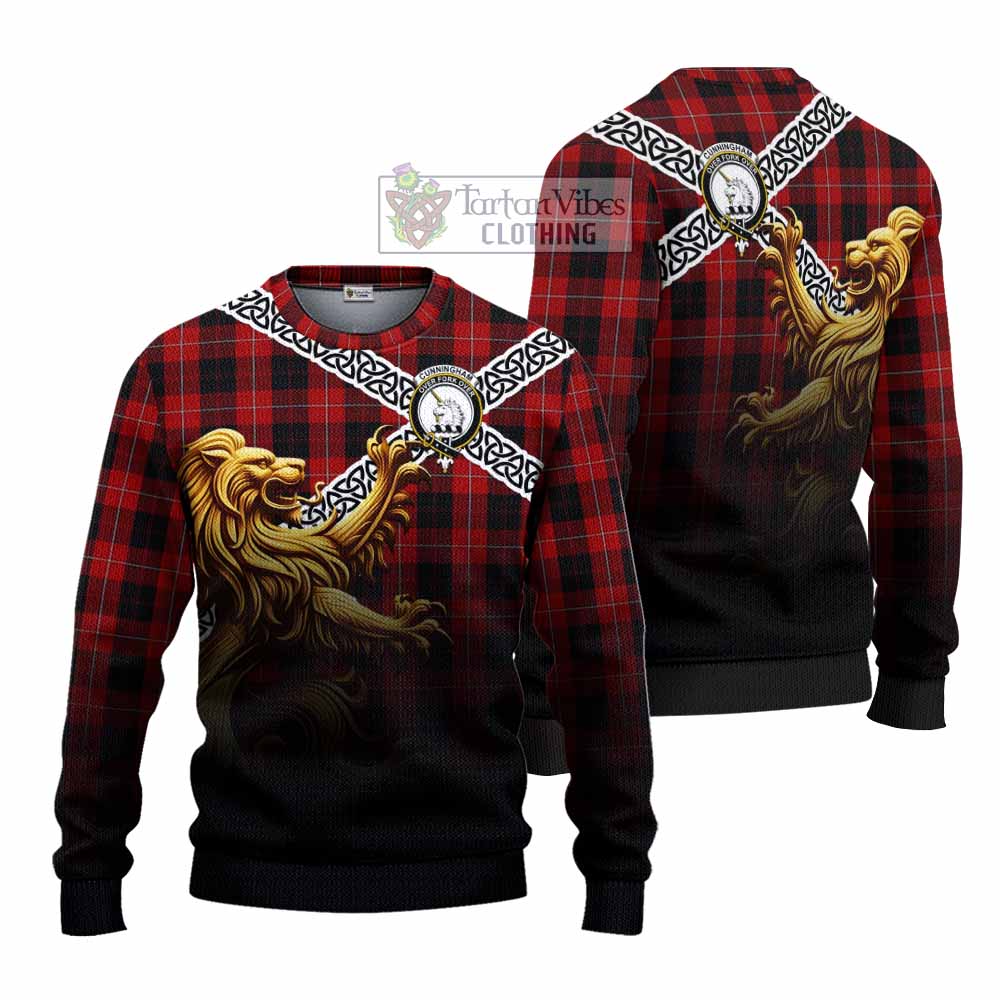 Tartan Vibes Clothing Cunningham Crest Tartan Knitted Sweater with Golden Lion Emblem Celtic Style