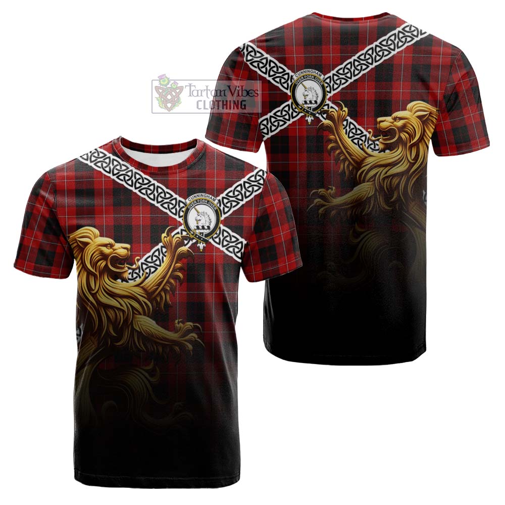 Cunningham Crest Tartan Cotton T-shirt with Golden Lion Emblem Celtic Style - Tartan Vibes Clothing