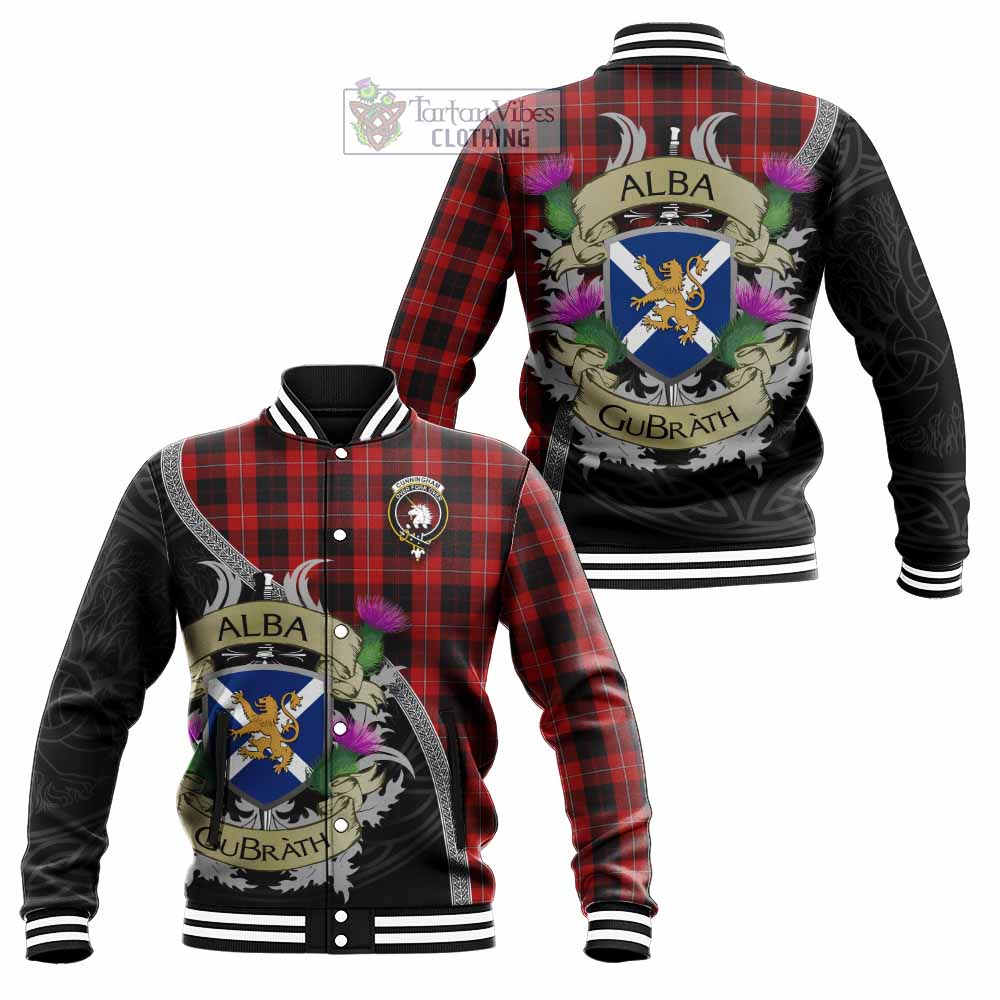 Tartan Vibes Clothing Cunningham Tartan Family Crest Baseball Jacket Lion Rampant Royal Thistle Shield Celtic Inspired
