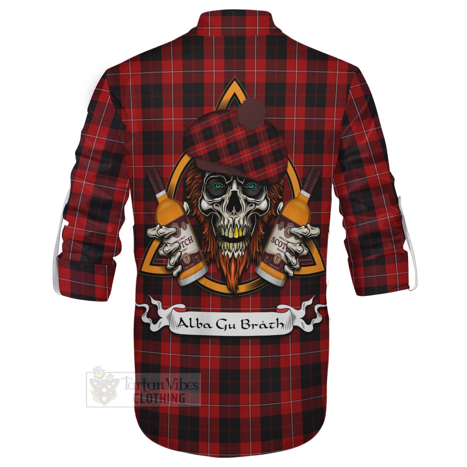 Tartan Vibes Clothing Cunningham Tartan Ghillie Kilt Shirt with Family Crest and Bearded Skull Holding Bottles of Whiskey