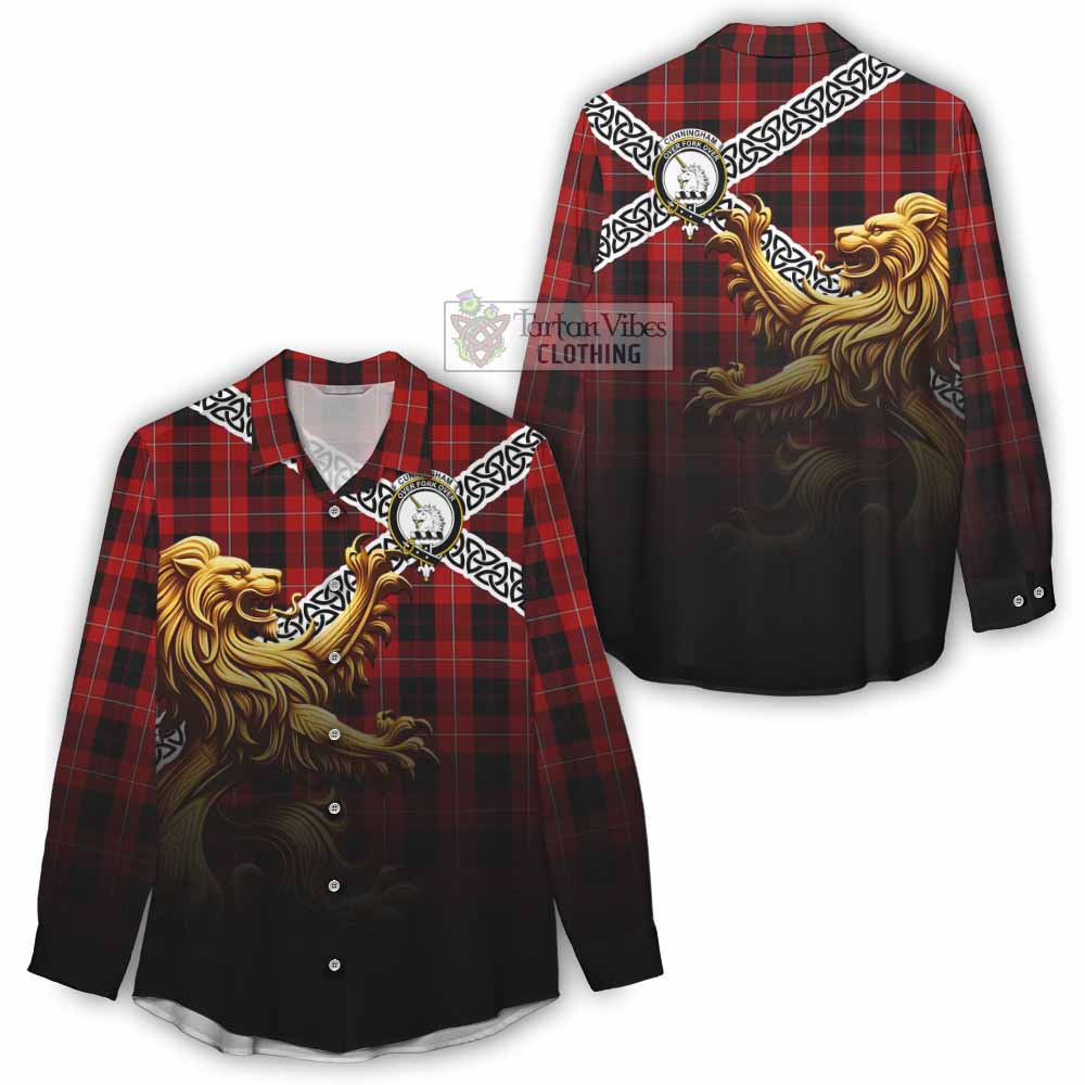 Tartan Vibes Clothing Cunningham Crest Tartan Women's Casual Shirt with Golden Lion Emblem Celtic Style