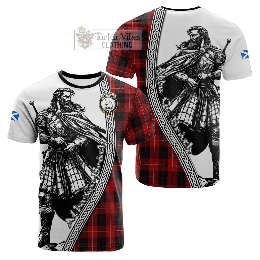 Cunningham Tartan Clan Crest Cotton T-shirt with Highlander Warrior Celtic Style