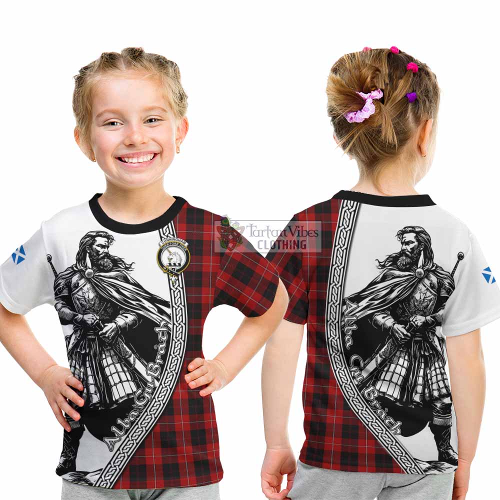 Cunningham Tartan Clan Crest Kid T-Shirt with Highlander Warrior Celtic Style