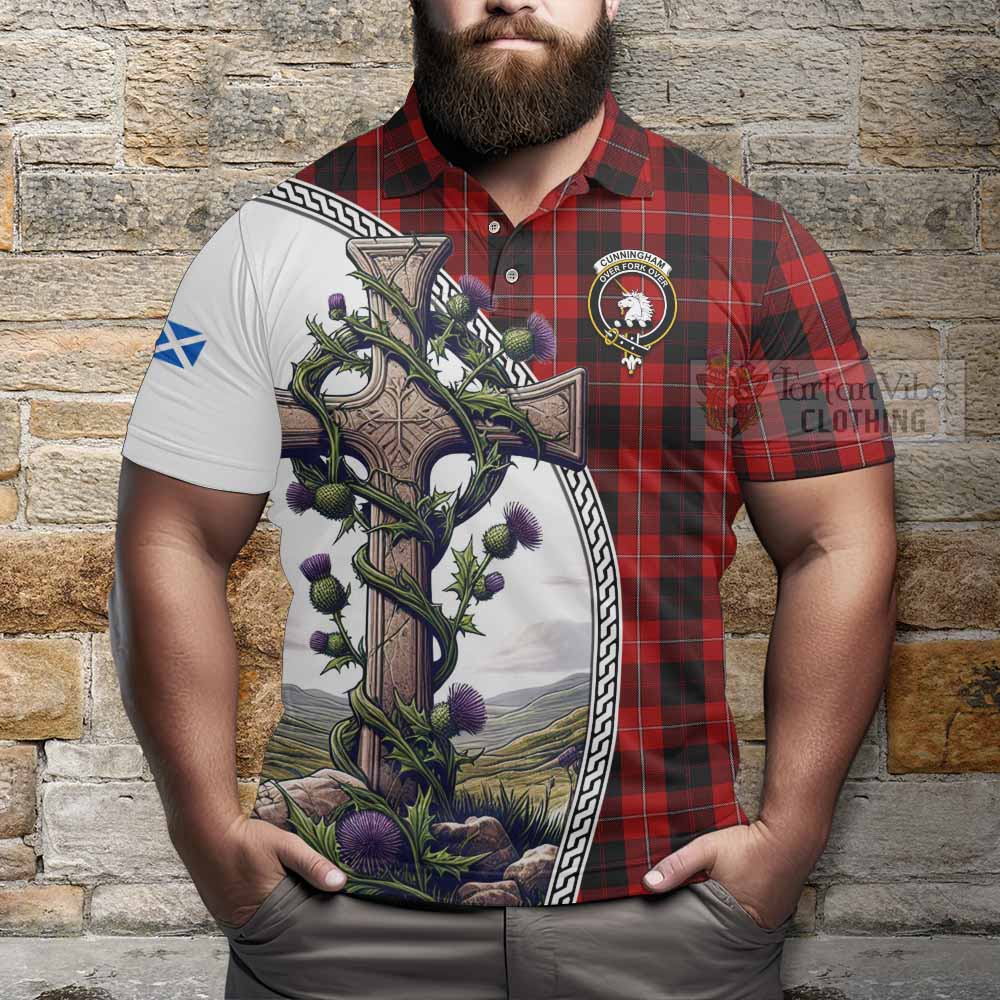 Tartan Vibes Clothing Cunningham Tartan Polo Shirt with Family Crest and St. Andrew's Cross Accented by Thistle Vines