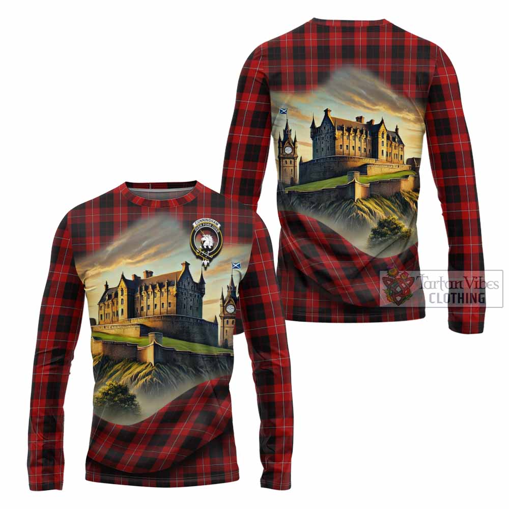 Tartan Vibes Clothing Cunningham Tartan Family Crest Long Sleeve T-Shirt with Scottish Ancient Castle Style