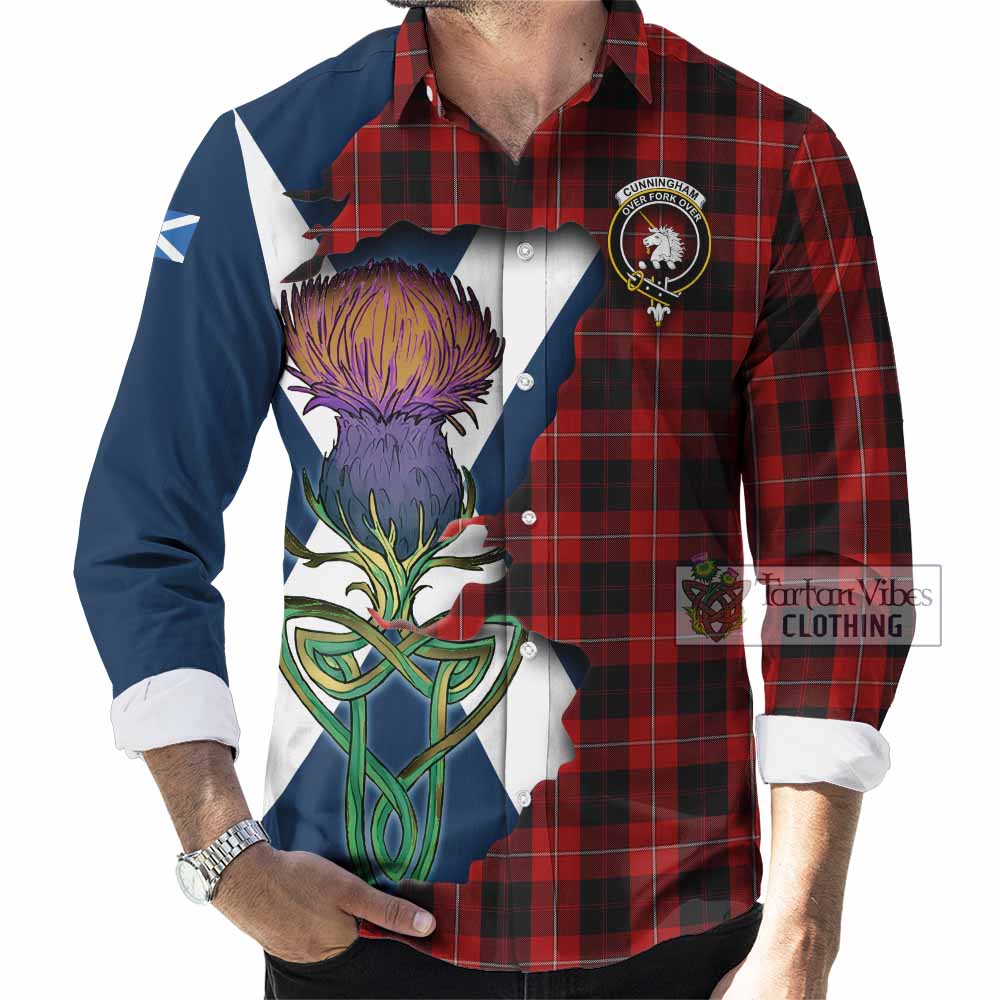 Tartan Vibes Clothing Cunningham Tartan Family Crest Long Sleeve Button Shirt Scottish Thistle Celtic Inspired