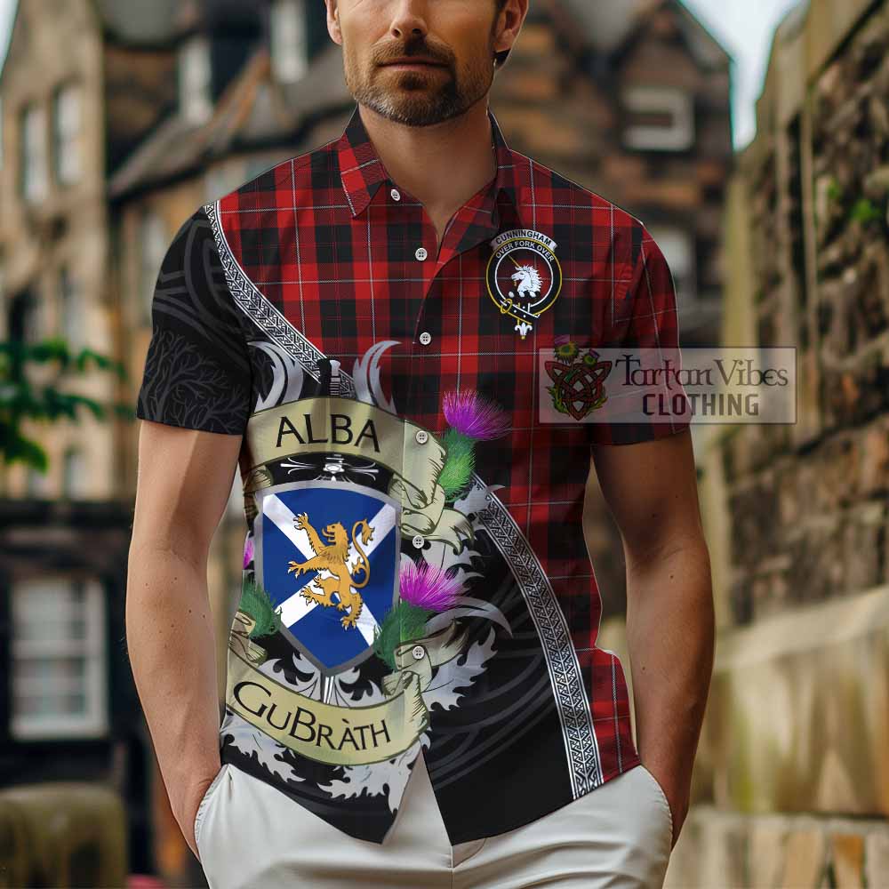 Tartan Vibes Clothing Cunningham Tartan Family Crest Short Sleeve Button Shirt Lion Rampant Royal Thistle Shield Celtic Inspired