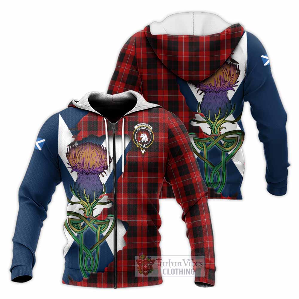 Tartan Vibes Clothing Cunningham Tartan Family Crest Knitted Hoodie Scottish Thistle Celtic Inspired