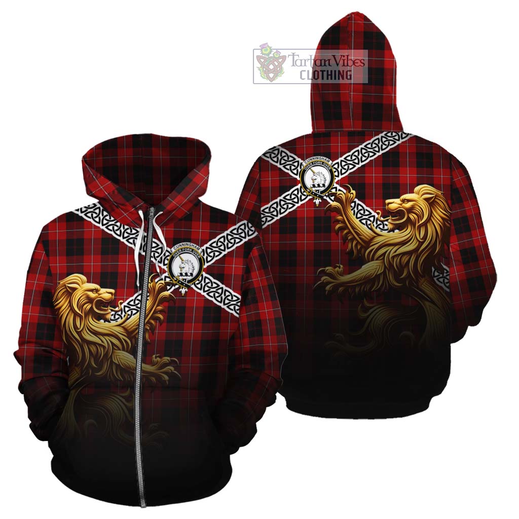 Tartan Vibes Clothing Cunningham Crest Tartan Cotton Hoodie with Golden Lion Emblem Celtic Style
