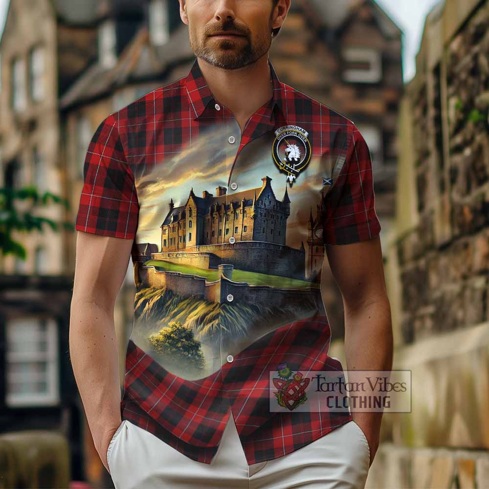 Tartan Vibes Clothing Cunningham Tartan Family Crest Short Sleeve Button Shirt with Scottish Ancient Castle Style