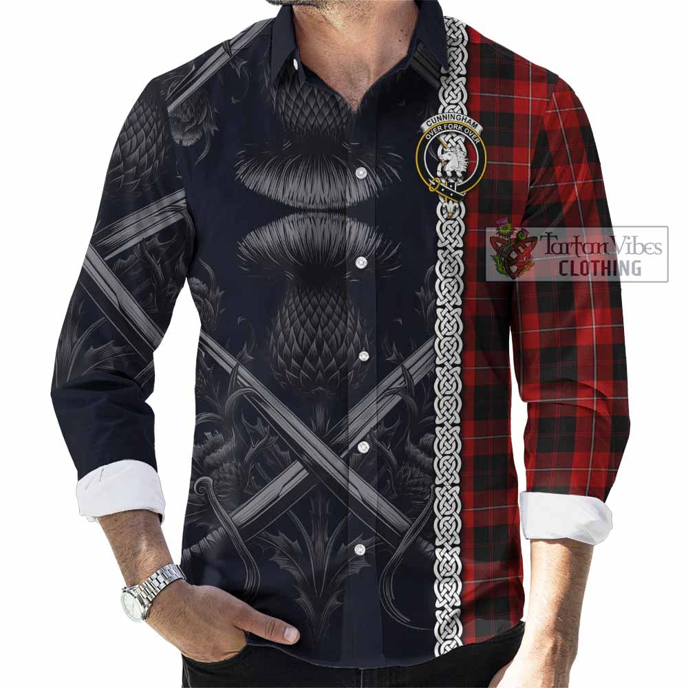 Tartan Vibes Clothing Cunningham Tartan Long Sleeve Button Shirt with Family Crest Cross Sword Thistle Celtic Vibes