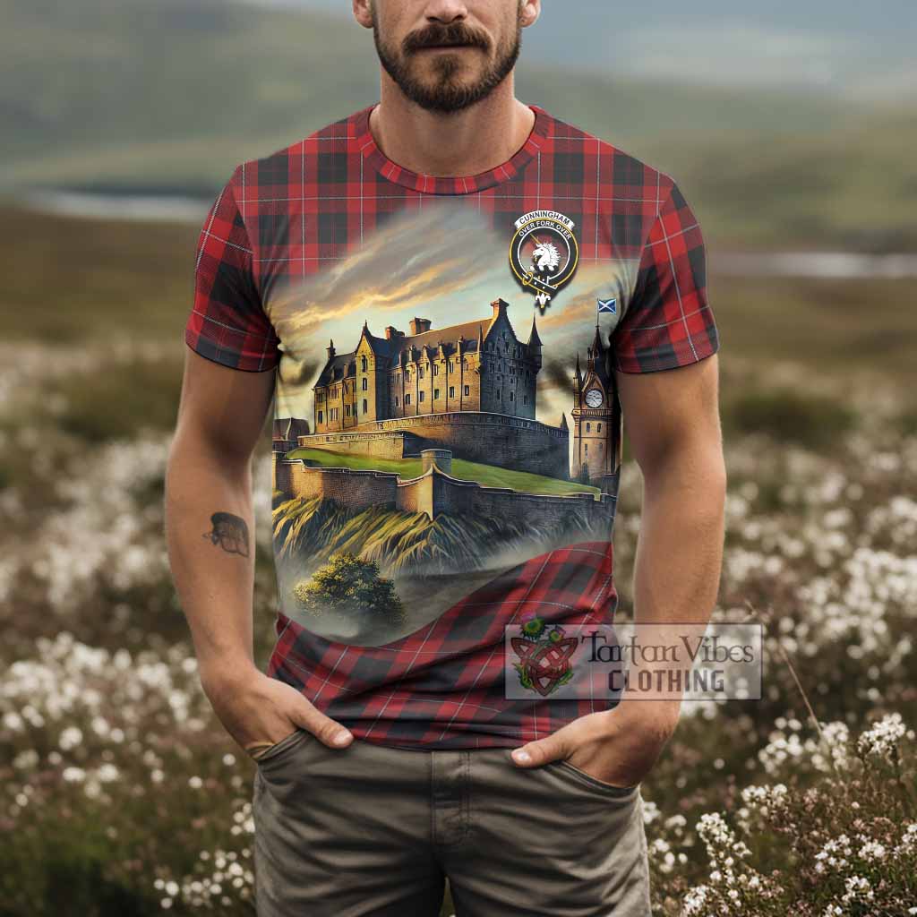 Tartan Vibes Clothing Cunningham Tartan Family Crest T-Shirt with Scottish Ancient Castle Stype