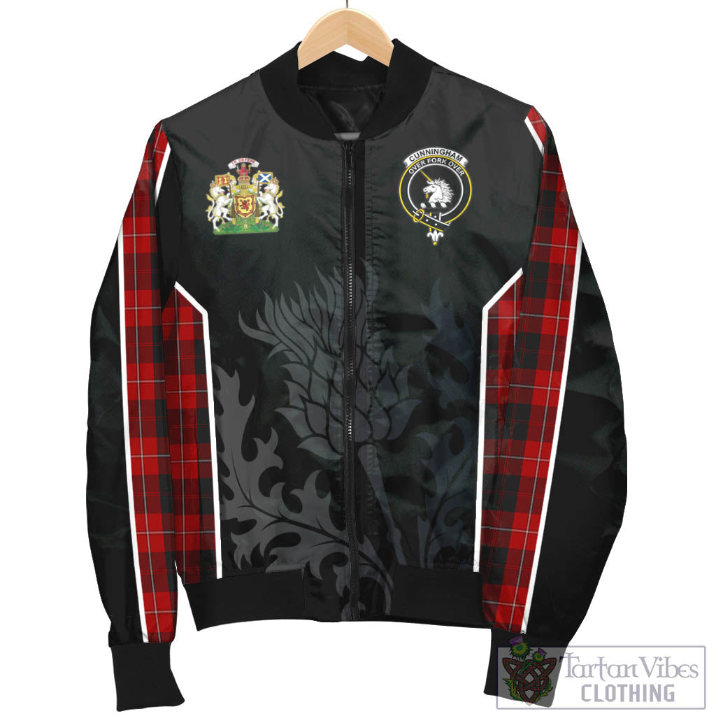 Tartan Vibes Clothing Cunningham Tartan Bomber Jacket with Family Crest and Scottish Thistle Vibes Sport Style