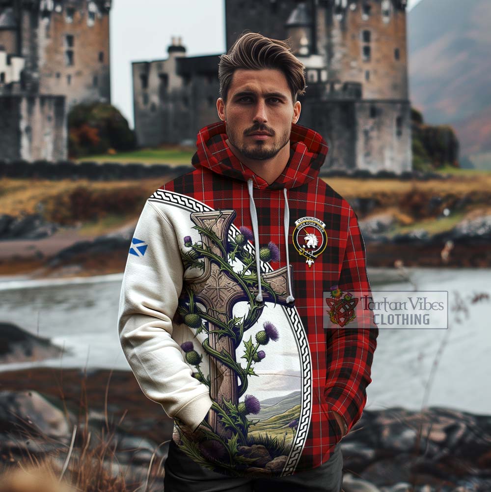 Tartan Vibes Clothing Cunningham Tartan Cotton Hoodie with Family Crest and St. Andrew's Cross Accented by Thistle Vines