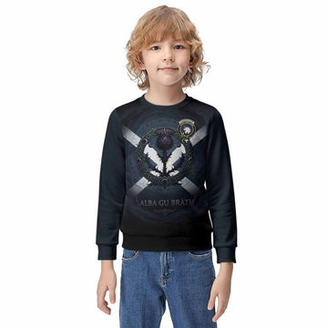 Cunningham Clan Crest Kid Knitted Sweatshirt with Celtic Knot Thistle and Saltire