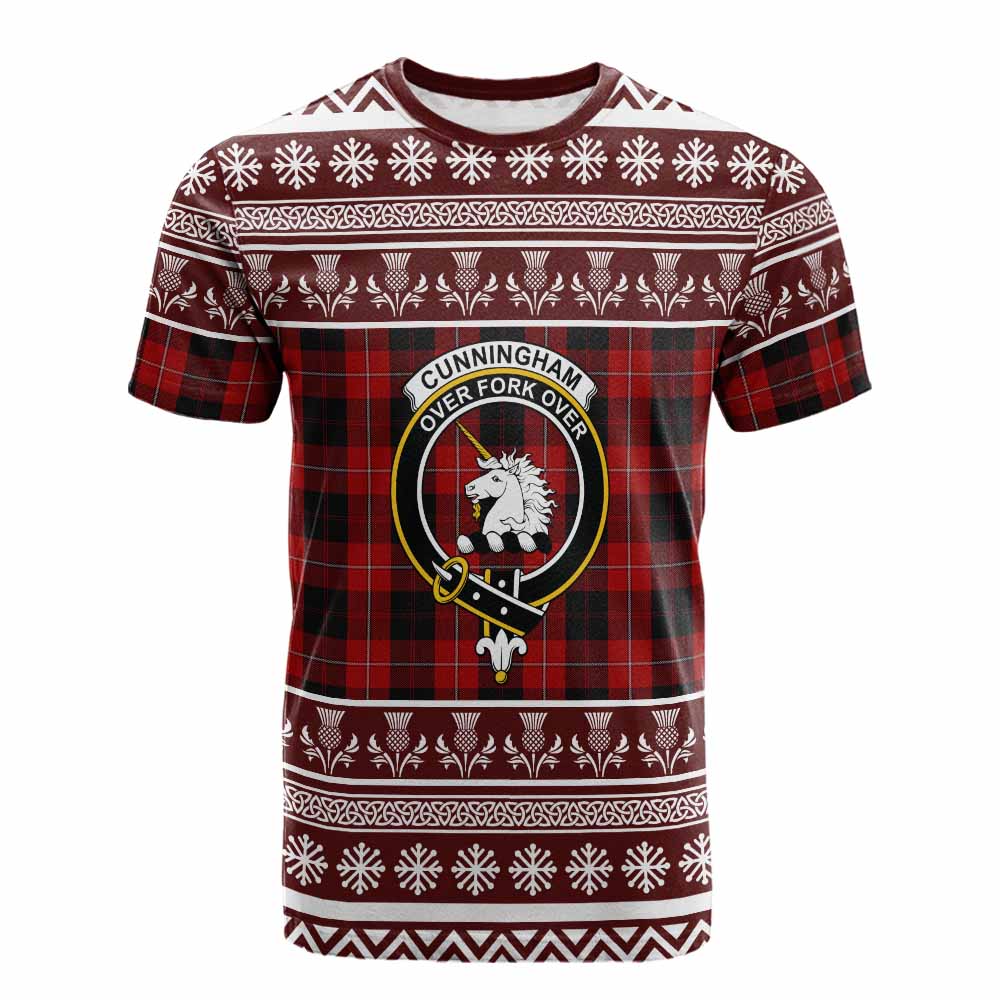 Cunningham Clan Tartan Christmas Cotton T-shirt with Family Crest - Tartan Vibes Clothing