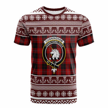 Cunningham Clan Tartan Christmas Cotton T-shirt with Family Crest