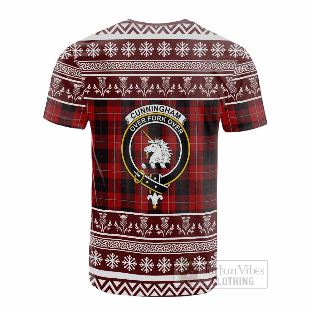 Cunningham Clan Tartan Christmas Cotton T-shirt with Family Crest - Tartan Vibes Clothing