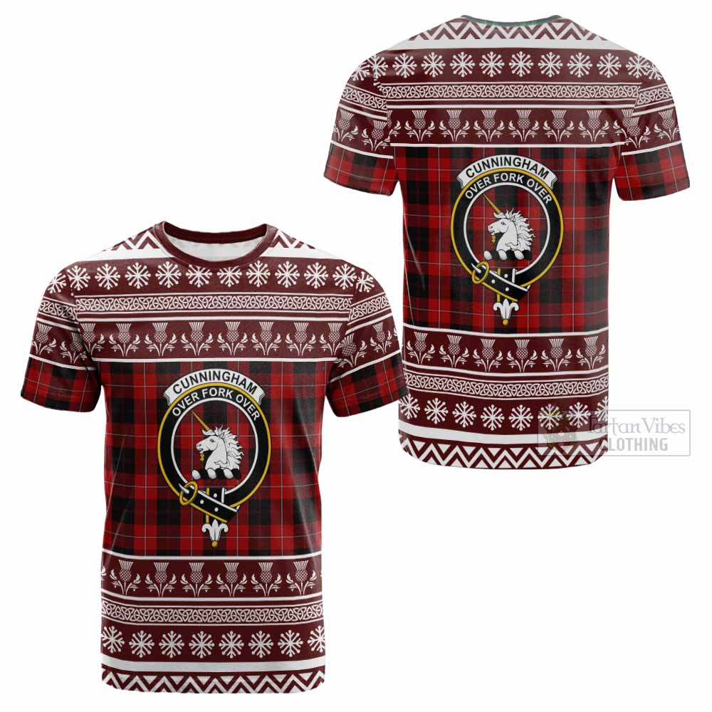 Cunningham Clan Tartan Christmas Cotton T-shirt with Family Crest - Tartan Vibes Clothing