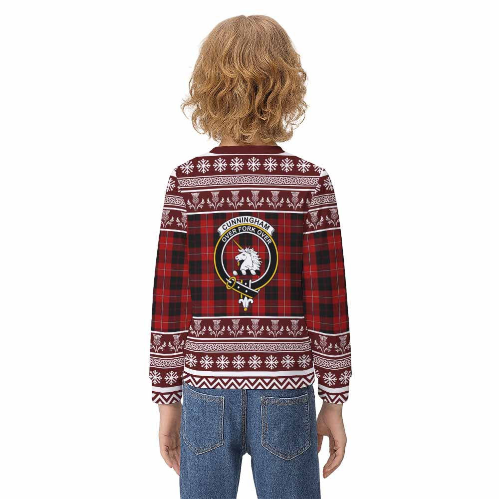 Cunningham Clan Tartan Christmas Kid Ugly Sweatshirt with Family Crest - Tartan Vibes Clothing